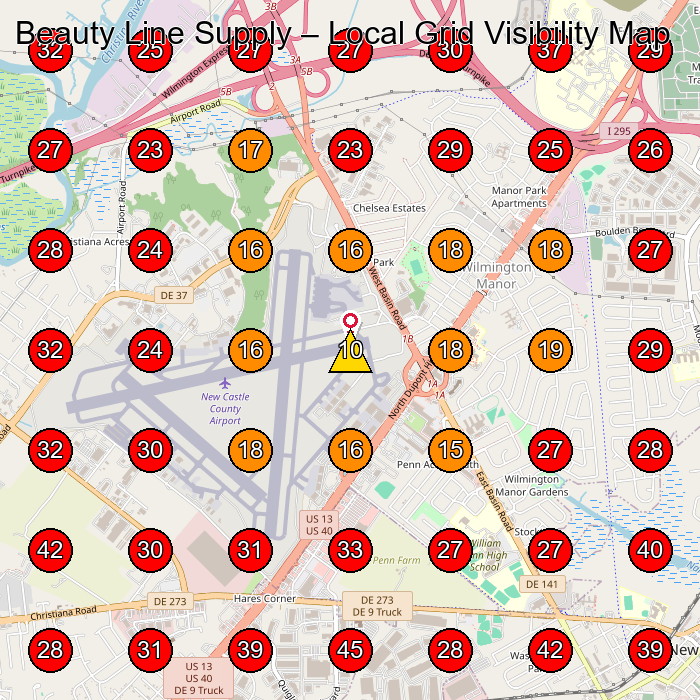 Beauty Line Supply GeoGrid visibility map for Dry Wall Contractor in New Castle